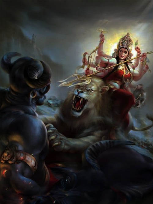 The Maa Durga or Maa Lakshana Devi led a battle against Mahishasura, riding a lion, and killed him.